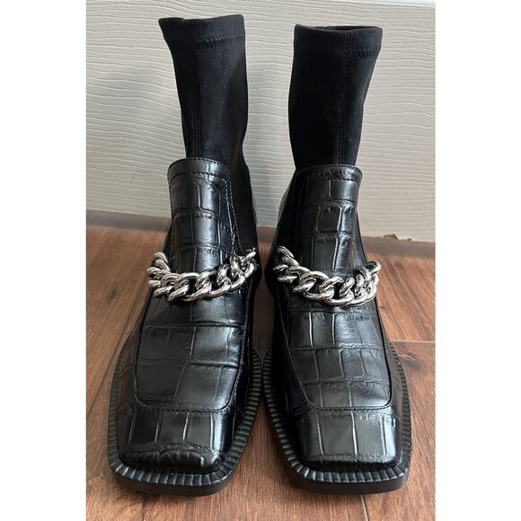 JEFFREY CAMPBELL Patrik Blk Embossed Leather Sock Booties Loafers - Picture 7 of 12